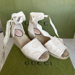 Women's 771779 L'Aveugle White Heel Sandal Embroidered GG, Sz 37, Spain